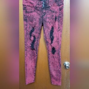 Lovesick Super Skinny Low-rise Red Jeans with Black Distressing and Fading